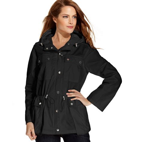 michael kors kalen printed rainwear jacket black|Michael Kors hooded anorak jacket.